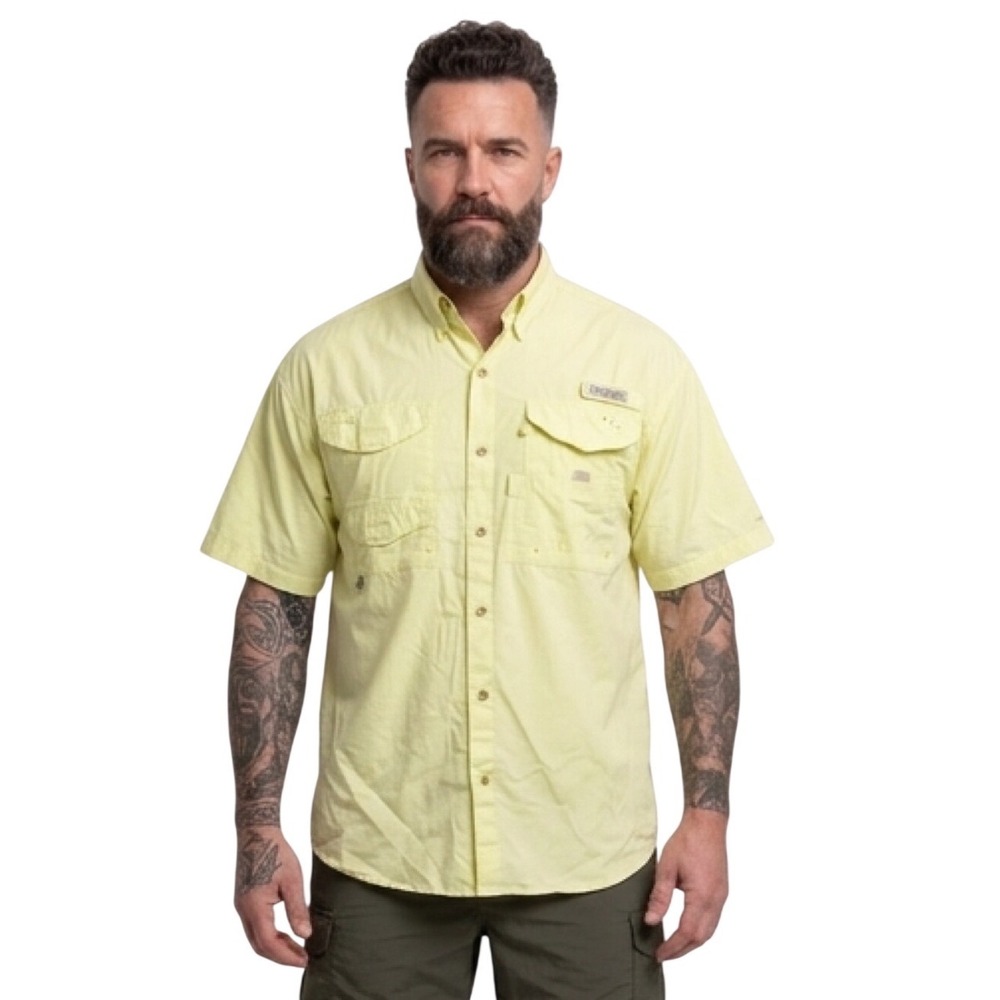 Columbia PFG Bahama II Mens Short Sleeve‎ Fishing Shirt Yellow Vent Back Large